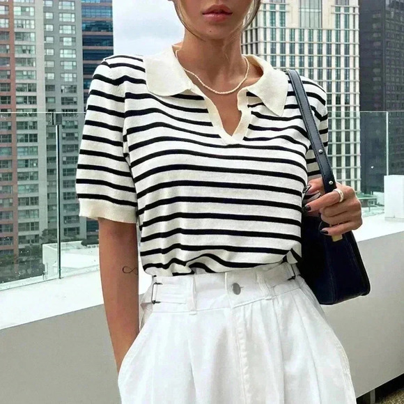 Black and White Casual Women's Striped Pattern Knit Top - Picture 7 of 8